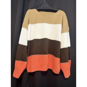 Women's Color Block Knit Sweater Size M Brown Cream Orange 100% Acrylic